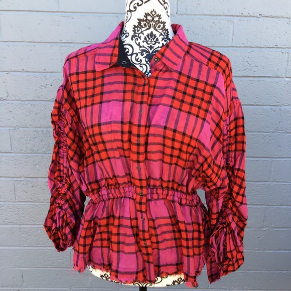 Free People Tops - Free People Red Pink Plaid Button Down Top NWT